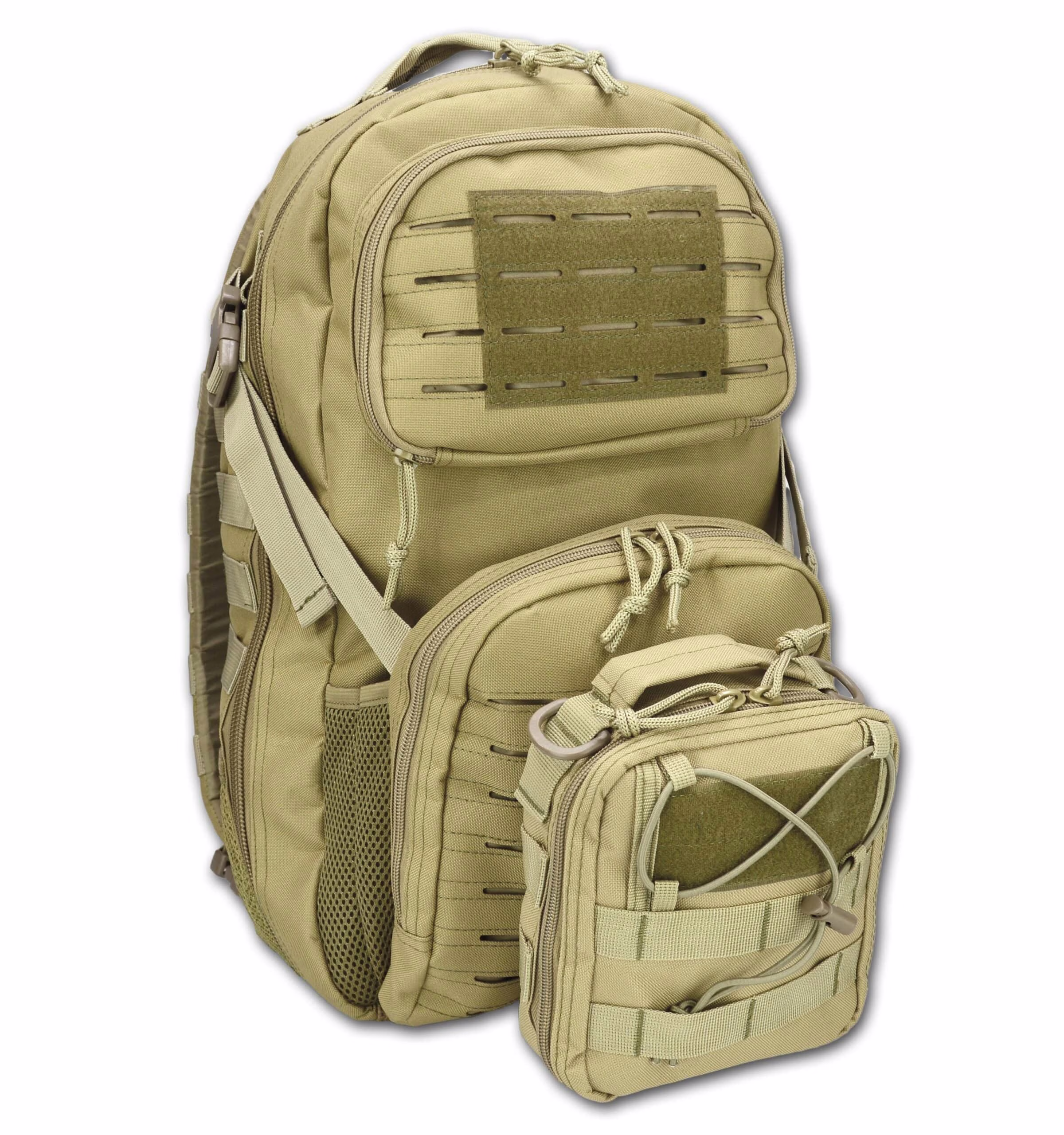 Premium Tactical Modular Medical Backpack w/ Deluxe MOLLE IFAK Pouch Add On—DESERT TAN